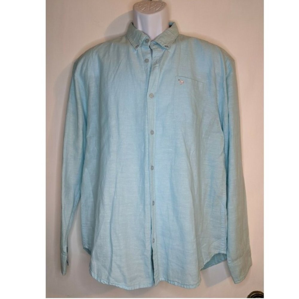 Mens Pastel Blue Linen Long Sleeve Shirt Sz L Flamingo NEW Artistry in Motion